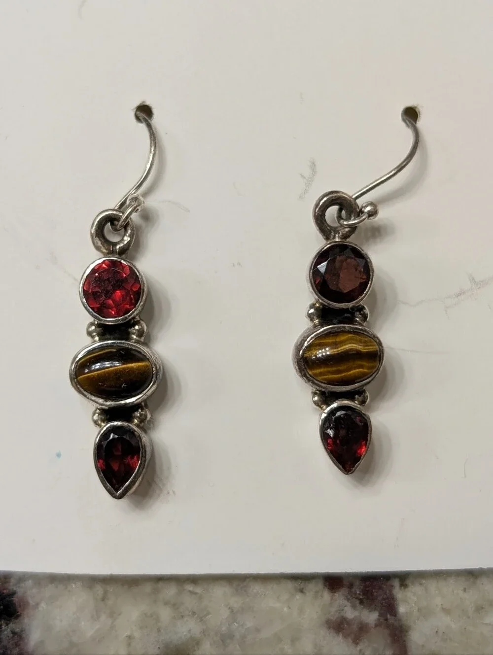 Sterling Drop Earrings with Red Garnet and Tiger Eye